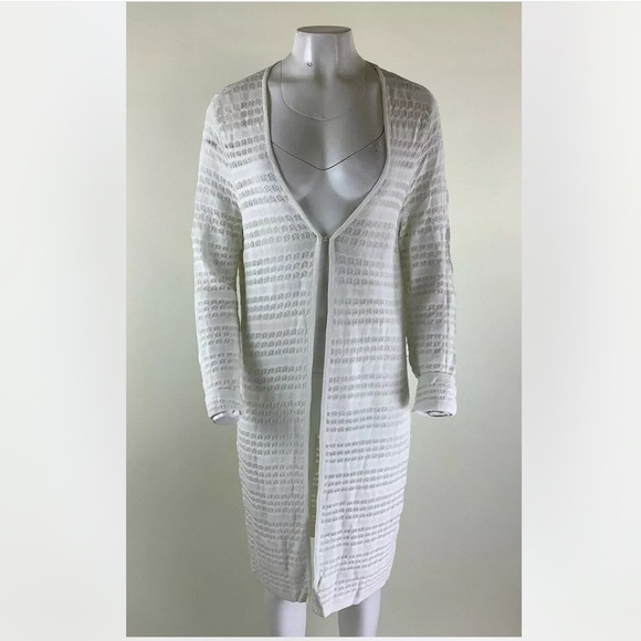 Carlisle Sz M Open Knit Duster Cardigan White Rayon Nylon Clasp Front Sweater - Picture 1 of 5
